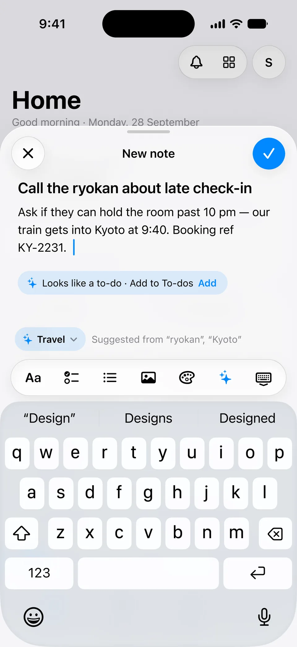 Zimoma: A typed note, with a suggested to-do and a suggested folder